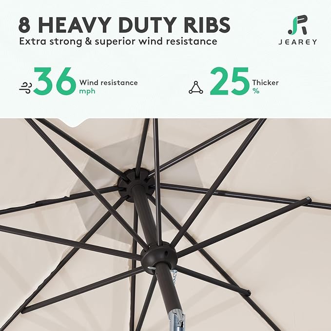 JEAREY 9FT Outdoor Patio Umbrella Outdoor Table Umbrella with Push Button Tilt and Crank, Market Umbrella 8 Sturdy Ribs UV Protection Waterproof for Garden, Deck, Backyard, Pool (Cream Beige)
