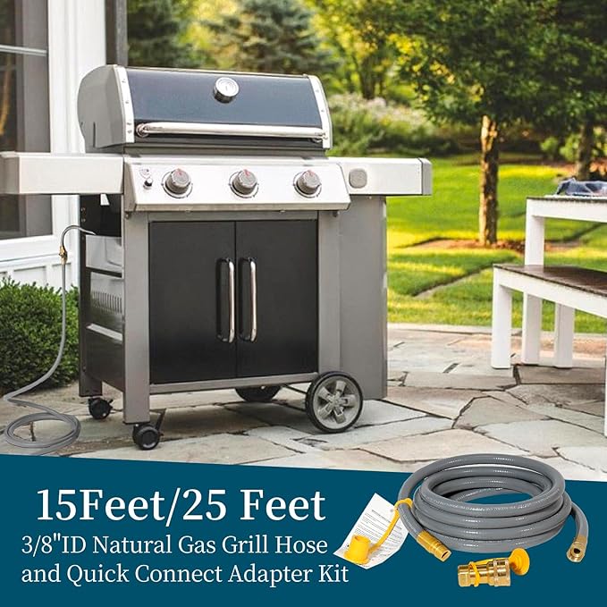 25FT 3/8" ID Natural Gas Grill Hose with Quick Connect Fittings, Low Pressure NG Hose Fit Weber, Char-Broil, Pizza Oven, Patio Heater