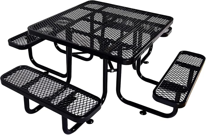 KUFUH 46" Square Metal Picnic Table for 4-8 Person, Durable Heavy Duty Commercial Picnic Table with Umbrella Hole for Outdoor Coffee Shop, School, Hospital, Easy to Install, Black