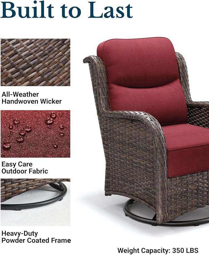 HILLGA Luxury Outdoor Swivel Rocker Patio Chairs of 2 with 6 Inch Thick Cushions and Side Table, Swivel Outdoor Chairs 3PCS High Back Wicker Patio Furniture Set for Porch, Balcony, Deck in Burgundy