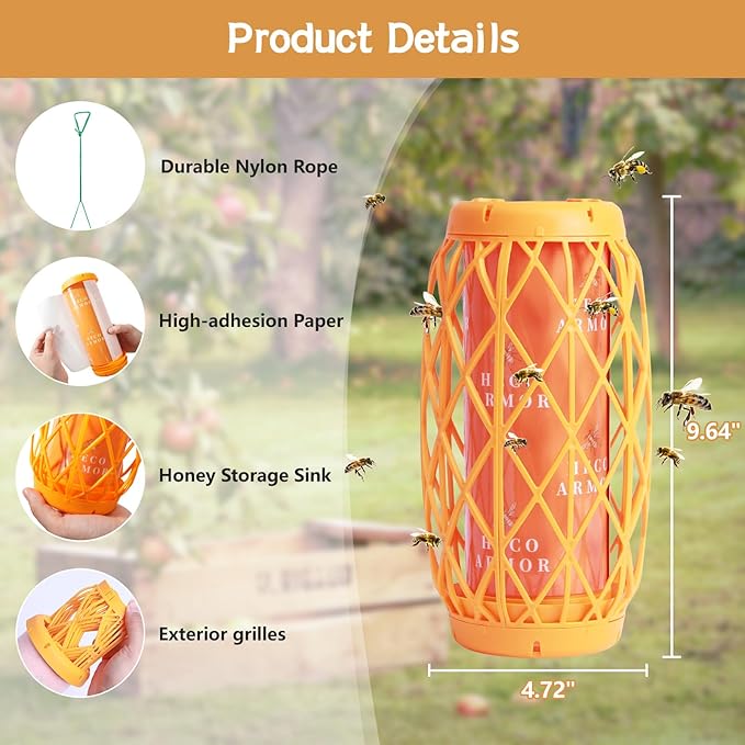 Wasp Traps Outdoor Hanging, Bee Traps for Outdoor Yellow Jacket Bee Catcher Trap, 6 PCS Refillable Sticky Papers, Fly Bug Insect Deterrent Killer 2 Pack