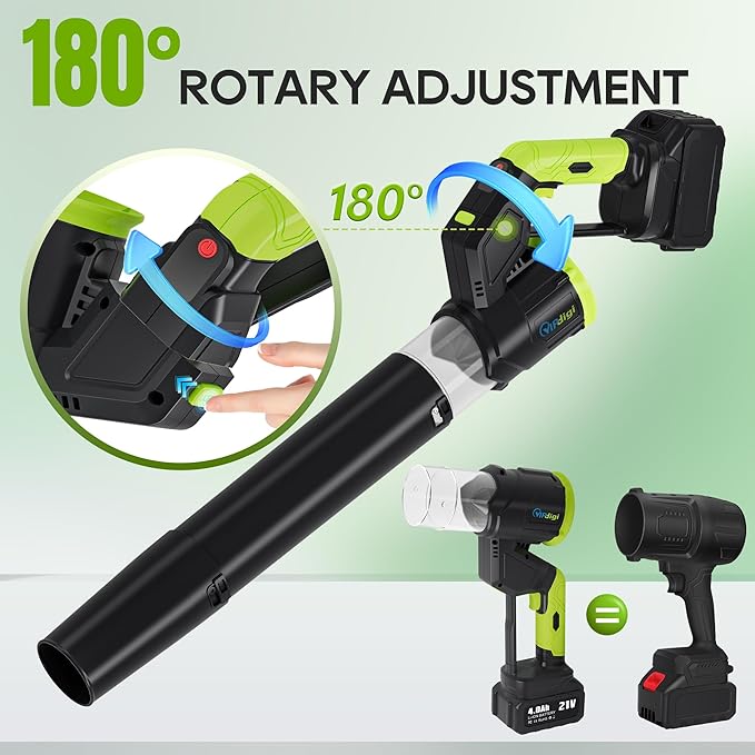 VIPDIGI Electric Leaf Blower Cordless, 180° Rotatable, 2 Batteries & Charger, Handheld Leaf Blowers for Lawn Care, 4 Speed Mode, Portable Lightweight Grass Blower for Yard (Green-Black)