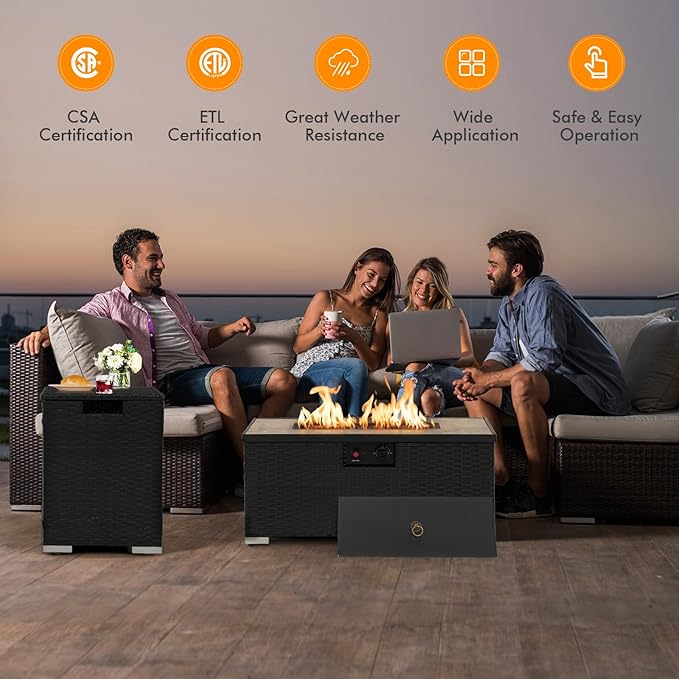 Tangkula 2 Piece Outdoor Propane Fire Pit Table Set with Hideaway Propane Tank Holder, 40,000 BTU Rattan Wicker Fire Pit Table with Lava Rocks, Waterproof Cover, Ideal for Backyard, Patio (Black)