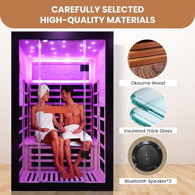 2 Person Sauna Room Far Infrared for Sauna Home Indoor 2000W/110V Low-EMF Wood Okoume Dry Sauna with Air Hole, Full Starry Sky Lights in 7 Color Remedies, Control Panel, Speaker - 47.3*41.3*74.8 IN