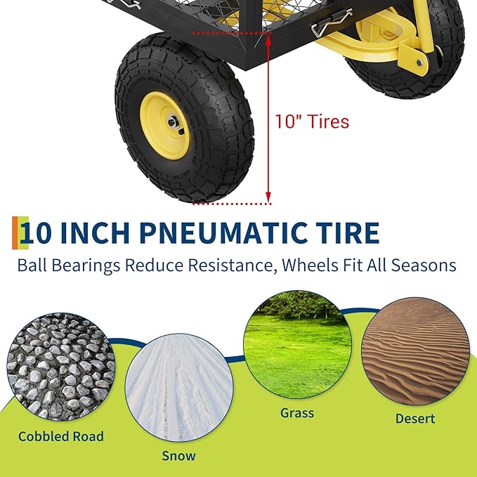 900 LBS Garden Cart with Removable Mesh Sides, Heavy Duty Steel Garden Wagon with Adjustable Handles & 10" Pneumatic Tires, Utility Wagon for Lawn Camping Farm Yard, Black+Yellow