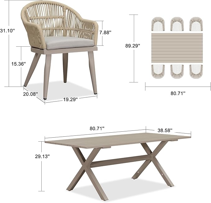 PURPLE LEAF 7 Pieces Longer Patio Dining Set with Outdoor Aluminium Dining Table and Woven Chairs Modern Metal Furniture Cushions Sets for Garden Yard Indoor Decor Kitchen Champagne