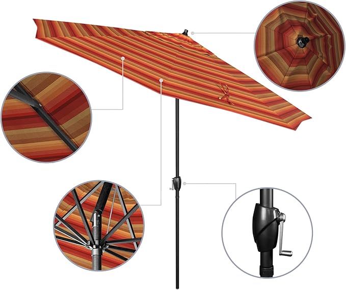 California Umbrella 9' Rd Aluminum Patio Umbrella, Crank Lift, Auto Tilt, Black Finish, Sunbrella Astoria Sunset