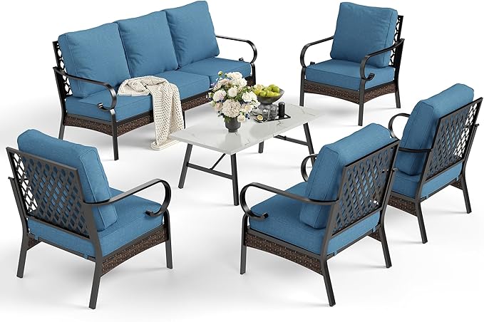 SUNSHINE VALLEY 6 Piece Metal Outdoor Patio Furniture Sets, Patio Conversation Sets with 3-Seater Sofa, 4 Single Sofa (5.75" Thick Cushion) & Coffee Table, Black Frame Backyard Furniture, Denim Blue