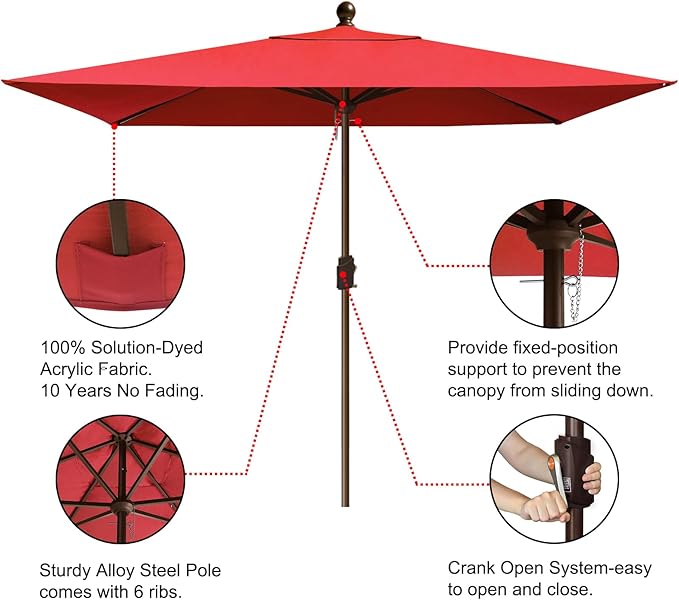 EliteShade USA 10-Year-Non-Fading 6.5x10Ft Rectangular Market Umbrella Patio Umbrella Outdoor Table Umbrella with Ventilation(Red)