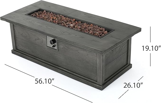 Outdoor Propane Fire Pit Table for Outside Patio, 56 Inch Concrete Fire Pit Table, Rectangle Gas Fire Pit for Garden, Pool, Backyard, 50,000 BTU, Free Lava Rocks, Gray Wood Pattern