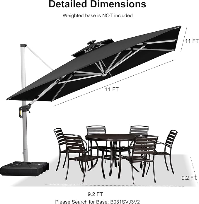 PURPLE LEAF 11 Feet Double Top Deluxe Solar Powered LED Square Patio Umbrella Offset Hanging Umbrella Outdoor Market Umbrella Garden Umbrella, Black