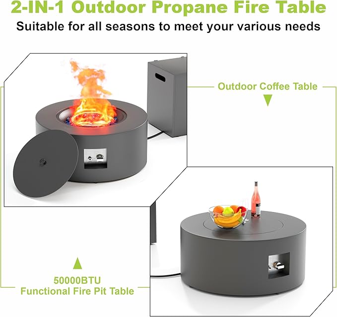 Dineli 2-Piece Outdoor Propane Fire Pit Table Set w Tank Table 30'' Round Fire Pit Table 2-in-1 Firepit Table for Outside Patio Gas Fire Pit Fireplace, 50,000 BTU, Dark Gray