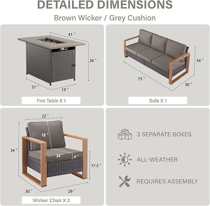 Belord Full 4 Pieces Patio Furniture Set with 41” Propane Fire Pit Table, Outdoor Conversation Set with Patio Chairs Set of 2 and Rattan Sofa for Deck Backyard