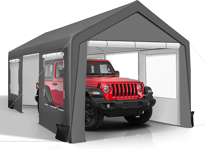 COVERONICS 10x20 FT Heavy Duty Carport Tent - Portable Outdoor Car Canopy with Roll-up Side Doors & Windows, Portable Garage with 4 Sandbags for Car, Truck and Outdoor Event, Grey