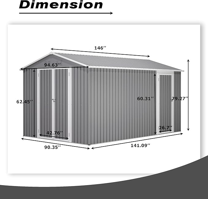 8x12 FT Outdoor Storage Shed with Gable Roof, Lockable Double Doors & Adjustable Side Door, Weatherproof with Frame Floor, Large Metal Utility Shed for Garden, Backyard, Patio