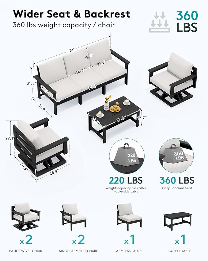 SERWALL HDPE Outdoor Patio Furniture Set, All-Weather 3-Seater Couch with 2 Single Seat Swivel Sofas with Thick Cushions for Lawn, Deck, Black Frame with Beige Cushions