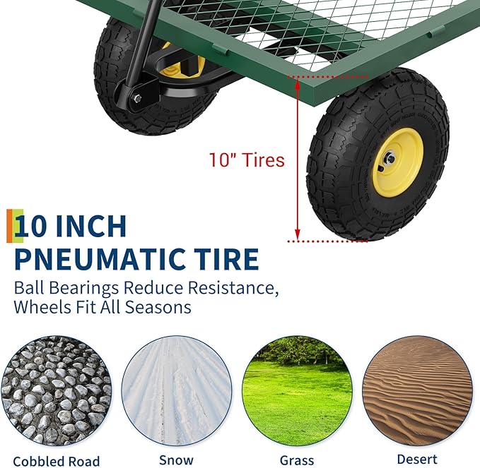 900 LBS Garden Cart on Wheels with Adjustable Handles, Heavy Duty Steel Garden Wagon with Removable Mesh Sides to Convert into Flatbed, Wagon Cart for Lawn Farm Yard, Green