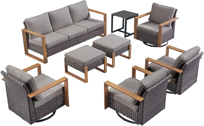 Rilyson Outdoor Wicker Patio Furniture Set - 8 Piece Patio Conversation Set with 4 Wicker Swivel Rocker Chairs,2 Rattan Ottoman 1 Side Table and 1 Couch,Thick Cushions,Deep Seating(Brown/Grey)