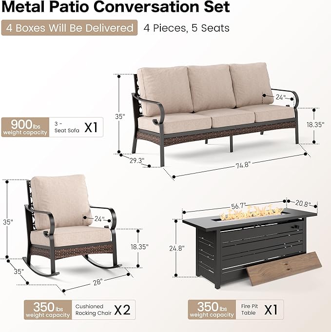 SUNSHINE VALLEY 4 Piece Black Metal Outdoor Patio Furniture Sets with Firepit Table, Patio Conversation Sets 1 3-Seater Sofa, 2 Rocking Sofa with 5.75" Thick Cushion Backyard Furniture for Deck, Beige
