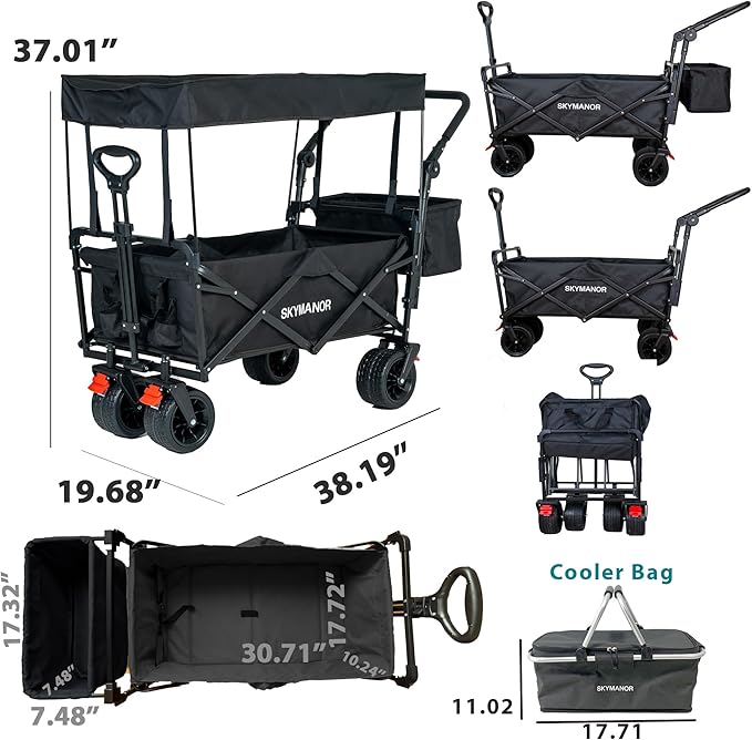 SKYMANOR Collapsible Wagon Folding Garden Cart with Removable Canopy Utility Heavy Duty Wagon Cart with All-Terrain Wheel Storage Brake for Camping Shopping (Upgraded Canopy-Black)