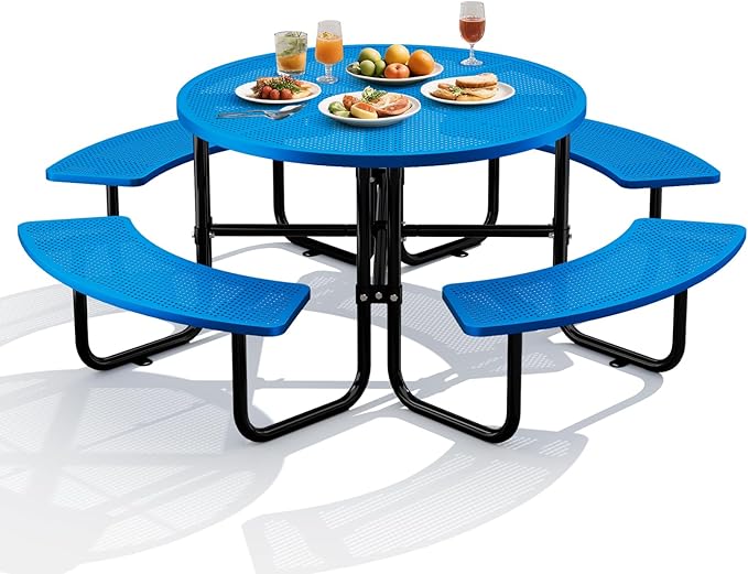 Rueekfil 46" Coated Picnic Table with Umbrella Hole, Heavy Duty Commercial Picnic Table for Outdoors, Family & Party Ready for School Camping, Round, Blue