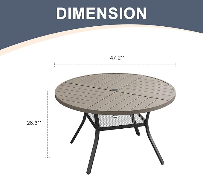 VICLLAX Round Patio Dining Table, 4-6 Person Metal Outdoor Dining Table with Umbrella Hole and Storage Shelf for Garden Lawn Deck, 47.2" Grey