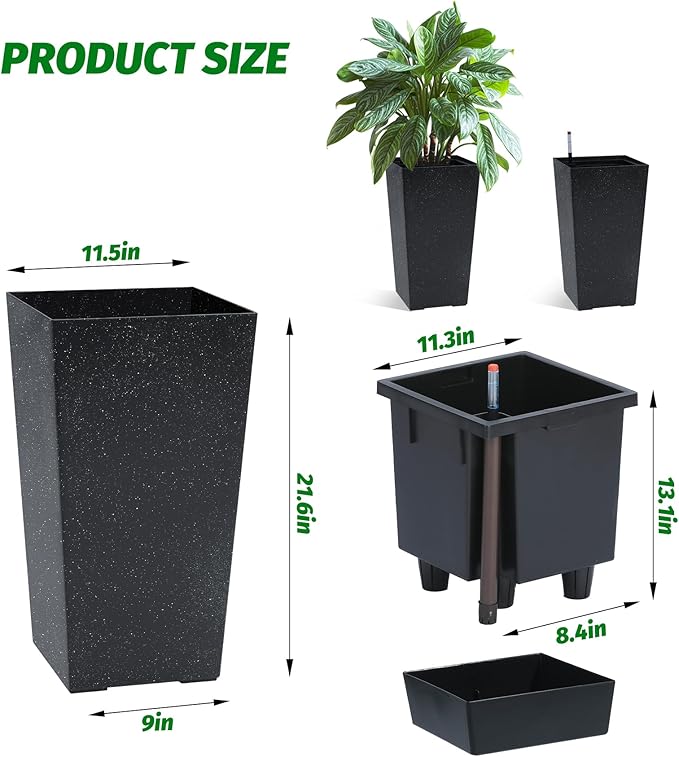 Garvee 16" Tall Planters Set of 2, Outdoor＆Indoor Black Planter Pots, High Front Porch Planter Pots with Drainage Holes＆Water Level Monitor＆Inner Bucket,Black