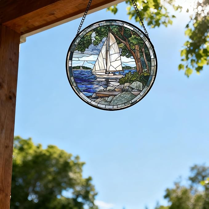 QZQCBLC Stained Glass Window Hanging Blue Ocean White Sailboat 6.3" - Nature Suncatcher Door Garden Sun Catcher Home Decor Birthday Christmas for Woman Mom Men Friend Nana