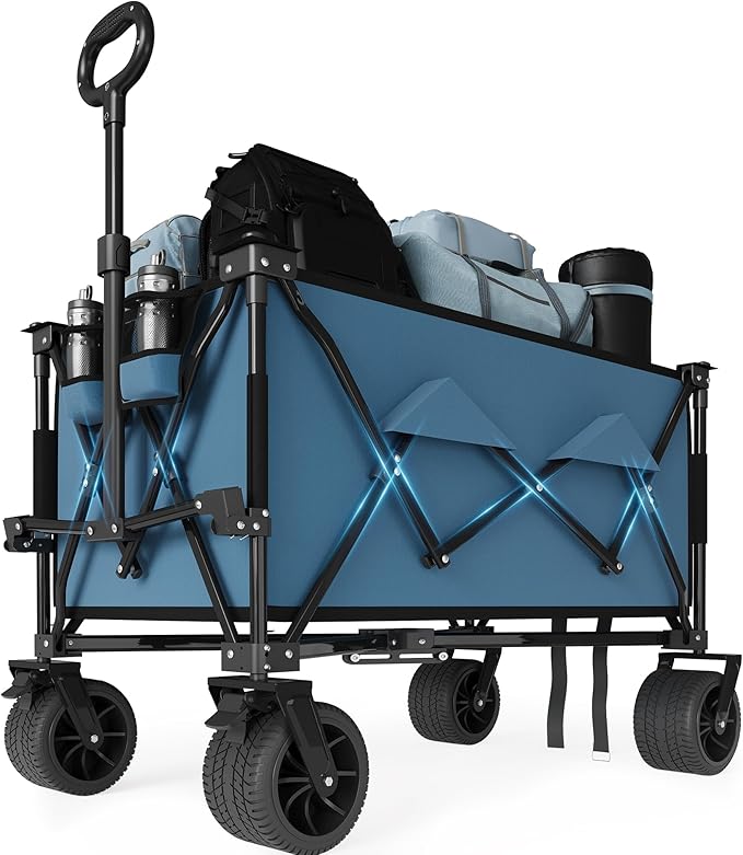 35" Foldable Wagon for Beach with 350lbs Weight Capacity, Heavy Duty 280L Extra Large Collapsible Foldable Wagon for Camping, All Terrain Beach Wagons Extended with Cup Holders for Sand