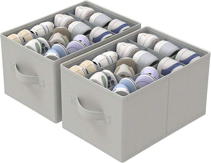 2 Pack Shoe Organizer for Closet, Fits Up to 24 Pairs, Foldable Space-saving Storage Container Bins with Reinforced Handles, 16.5 x 12.6 x 10.2 In, Grey, XSNX02G-2