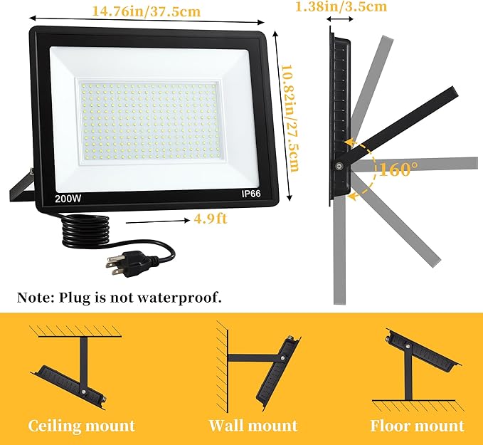 2 Pack 200W LED Flood Lights Outdoor Plug in,25000 LM Super Bright Outdoor Stadium Lights, IP66 Waterproof 6000K Daylight White Security Lights,Floodlights for Garage,Yard,Garden,Playground,Patio