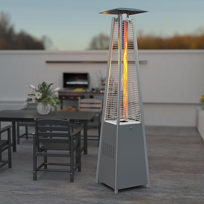 FOOWIN Propane Patio Heater, 48,000 BTU Outdoor Patio Heater with Wheels/Waterproof Cover & Gloves,Quartz Glass Tube Pyramid Outdoor Heater for Party,Backyard, Garden Silver Grey