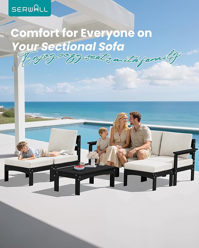 SERWALL 7 Pieces HDPE Patio Furniture Set with 15FT Double Side Patio Umbrella, Patio Conversation Set, All-Weather Modular Patio Sofa Set for Deck, Garden, Porch, Black Frame with Khaki Cushion
