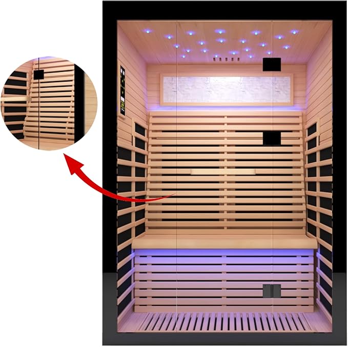 2 Person Infrared Sauna Home Indoor Sauna Canadian Hemlock Wooden Dry Sauna Room Low EMF 2160W with Oxygen Bar, 7 Color Therapy 53.1" x 47.2" x 74.8"
