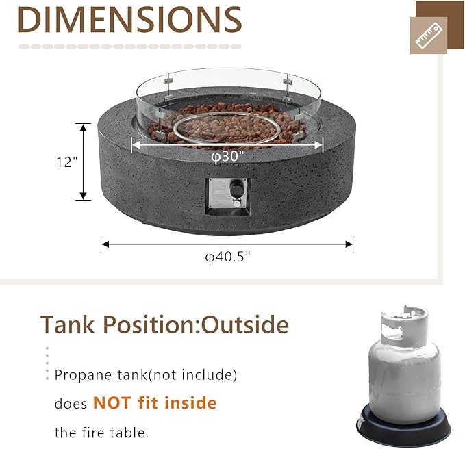 COSIEST 42 inch Outdoor Propane Fire Pit Coffee Table w Concrete Round Base Patio Heater, Certified, 50,000 BTU Stainless Steel Burner, Free Lava Rocks, Wind Guard, Rain Cover, Gray
