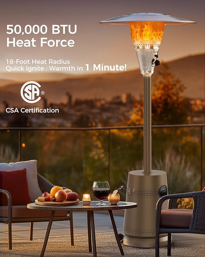 50,000 BTU Patio Heater for Outdoor Use With Adjustable Heat Focusing Top, Portable Propane Patio Heater with Wheels, Stainless Steel Burner for Porch Deck Garden (Brown)