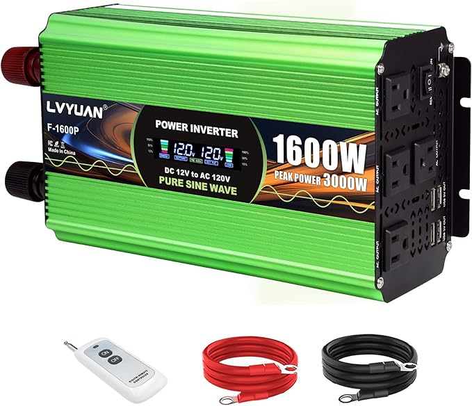 1600W Pure Sine Wave Power Inverters, LVYUAN 3000W Peak Power 12V DC to AC 120V Converter for Vehicle, RV, Off-Grid Solar, Remote Control 4 AC Outlets, 4 USB Ports Inverter with LCD Display