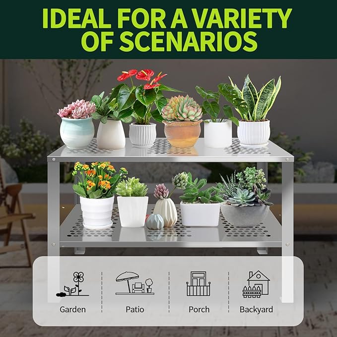 Outdoor Stainless Steel Potting Bench with Storage, Metal Garden Potting Table with Metal Tabletop and Shelf, Potting Work Bench Station for Garden, Patio, Backyard