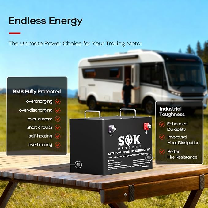 SOK Battery 12V 280Ah LiFePO4 Lithium Iron Phosphate Deep Cycle Battery, Low Temperature Disconnect Built-in Heater Perfect for Your RV or Solar and Wind Off-grid Applications