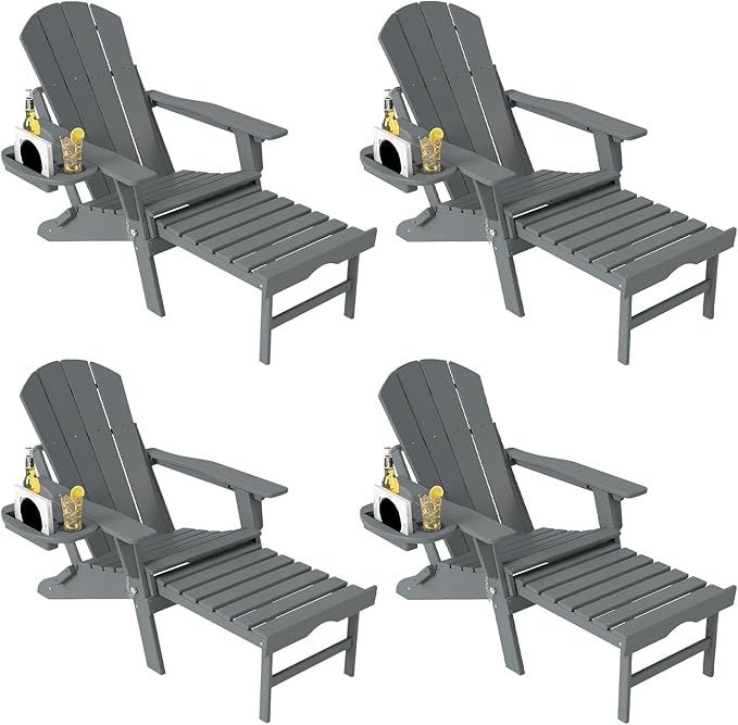 Adjustable Adirondack Chair with Retractable Ottoman Set of 4, HDPE Folding Adirondack Chair with Cup Holder, All Weather Fire Pit Chair for Outdoor.