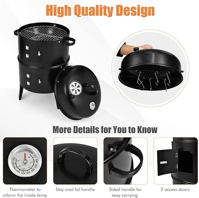 HAPPYGRILL 3-in-1 Charcoal Smoker Grill, Outdoor Vertical Charcoal Smoker with Built-in Thermometer & Adjustable Vent System, 2-Layer Separable BBQ Grills for Camping & Family Cooking