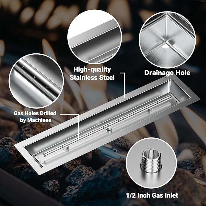 Skyflame 30 x 6 Inch Liner Fire Pit Pan Kit, Stainless Steel Drop-in Fire Pit Pan and Burner, Come with Spark Ignition and Propane Hose, Indoor/Outdoor Fire Table DIY Decorative