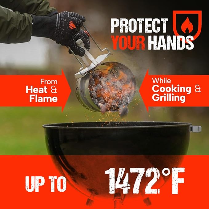 GRILL HEAT AID BBQ Grill Gloves 1472°F - Extreme Heat Resistant Oven Mitts for Grilling, Smoker & Fire Pit with Silicone Grip & EN407 Cut Resistance - Mid Cuff, Black