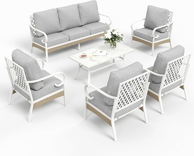 SUNSHINE VALLEY 6 Piece Metal Outdoor Patio Furniture Set, Patio Conversation Sets 1 3-Seater Sofa, 4 Single Sofa with 5.75" Extra Thick Cushion and Coffee Table, White Frame Backyard Furniture, Gray