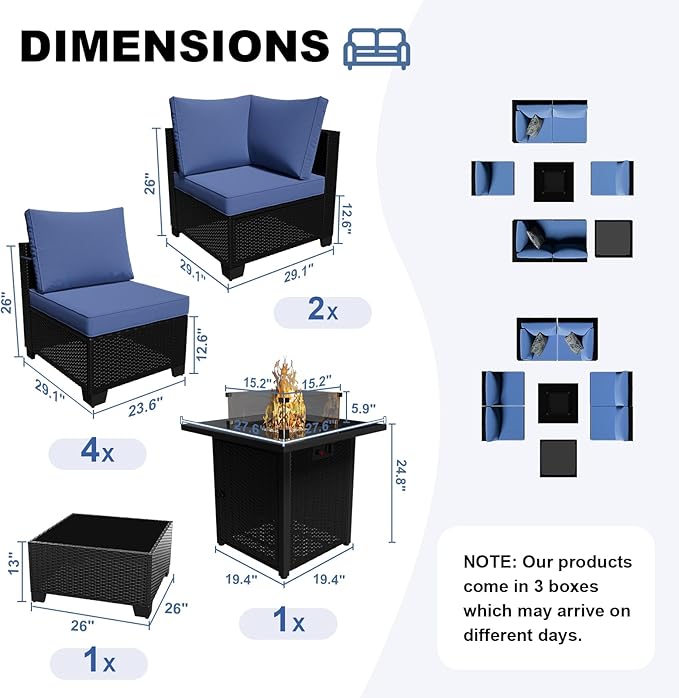 Patio Furniture Set with Fire Pit Table, 8 Piece Wicker Outdoor Sectional Set with Thick Cushions, Patio Sofa for Porch Garden Backyard Deck, Coffee/Blue