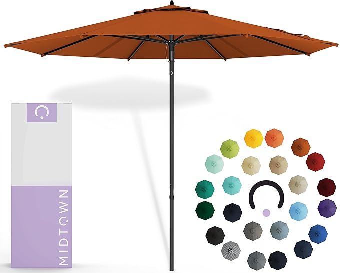 Midtown Umbrellas Push Pop Sunbrella Umbrella 9 Feet Outdoor Umbrella in Terracotta Fabric - Patio Umbrella, Backyard Umbrella, Garden Umbrella, Picnic Table Umbrella & Pool Umbrella - Black Pole
