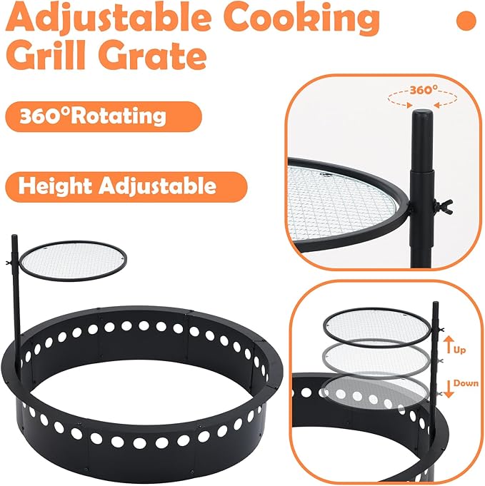 36 Inch Smokeless Fire Pit Ring with Grill Fire Ring for Outside Heavy Duty Metal Firepit Insert Round Steel Large Above/In-Ground Camping Firepit for Outdoor Patio Picnic BBQ Garden