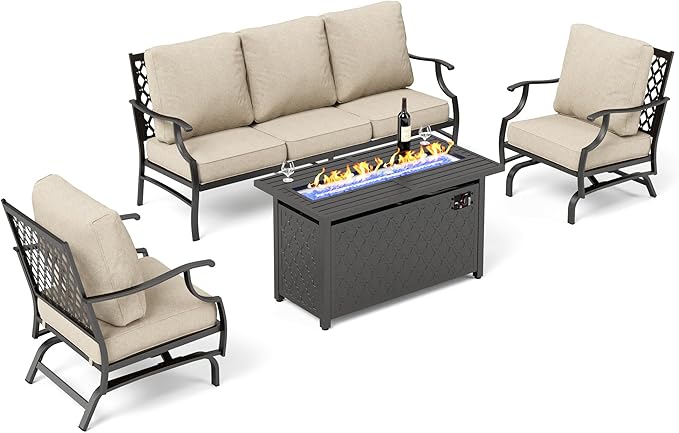 SUNSHINE VALLEY Patio Furniture Set with Firepit Table, 4 Piece Metal Outdoor Patio Furniture, 2 Rocking Chairs and 3 Seater Sofa with 5.75" Extra Thick Cushion and Gas Firepit Table for Backyard Deck