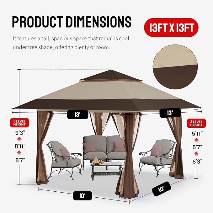 CROWN SHADES 13x13 Pop Up Gazebo, Canopy Tent, Gazebos on Clearance - Outdoor Gazebo for Backyard & Patio Furniture - Carpa Pop Up Tent with Wheeled STO-N-Go Cover Bag (Beige & Coffee)