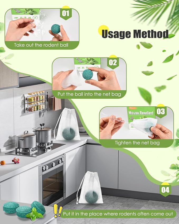 Mouse Rodent Repellent, 24 Pack Peppermint Oil Moth Balls for Rodents Indoor Outdoor Use, Safety for Humans & Pets, Squirrel Repeller, Spiders, Defense for Car Engines House